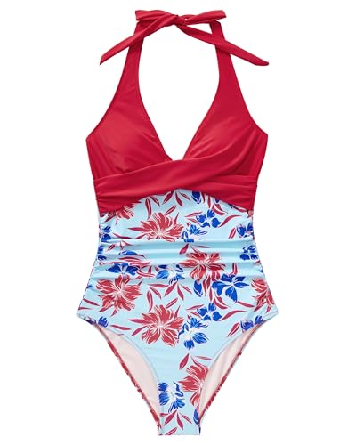 Image of SUUKSESS Women Sexy Tummy Control One Piece Swimsuits Halter Push Up Bathing Suits