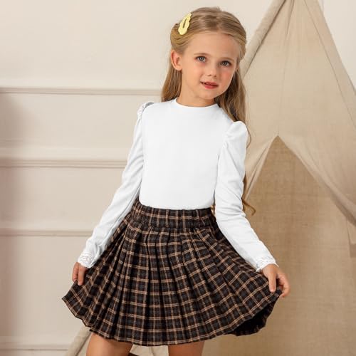 Girls Blouses Long Sleeve T Shirts for Girls Tops Tees Puff Round Neck Rib Kids Tshirt White Beige Caramel4