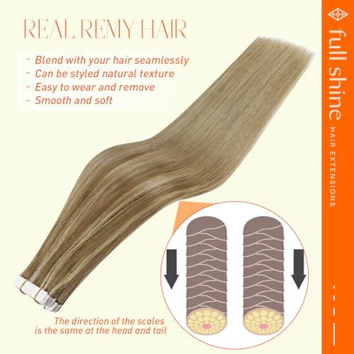 Image of Full Shine Human Hair Tape in Extensions, 14 Inch Brown to Butter Blonde | 50g 20 PCS, Tape in Hair Extensions, Remy Human Hair, Warm Blonde Blend, Soft Layers, Natural Dimension, Easy Styling