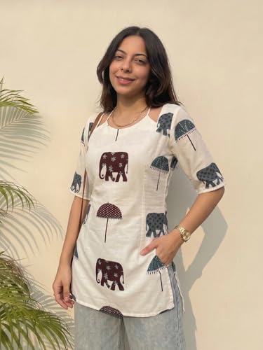 Image of ANNI Designer Women's Viscose Blend Printed Short Kurti | Straight Fit Casual Ethnic Top | Square Neck 3 /4 Sleeve Kurta Office College