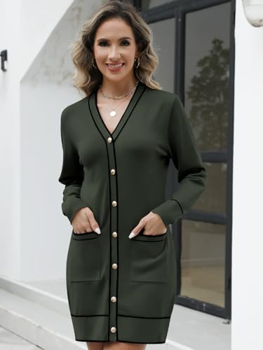 Women's V Neck Long Sleeve Sweater Dress Elegant Mini Dress Button Open Front Color Block Knit Sweaters Cardigan with Pockets Green2