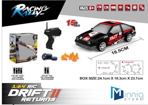 Image of Rc Drift Remote Control Car 1:24 Scale, High-Speed, 4Wd, Led Lights, Battery Racing Car, Drifting Tires, 2.4Ghz, for Kids (RC Drift II - Black)