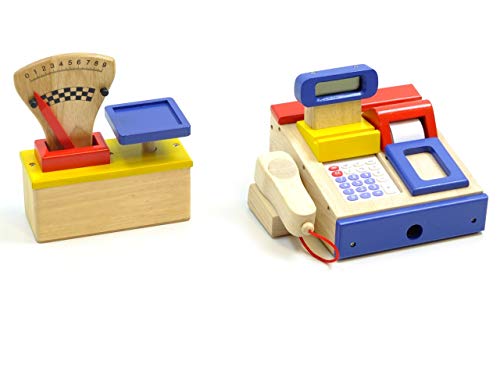 Unbekannt 2er Set Spielkasse und Kaufladen Waage aus Holz / Kasse mit integriertem Taschenrechner / Waage mit Gewichts… – Bild 2
