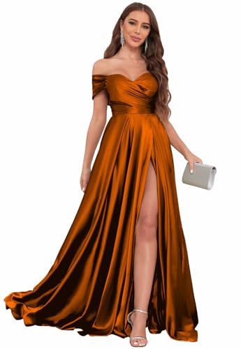 SOLODISH Off The Shoulder Satin Prom Dresses for Women Long Formal Evening Party Dress with Slit