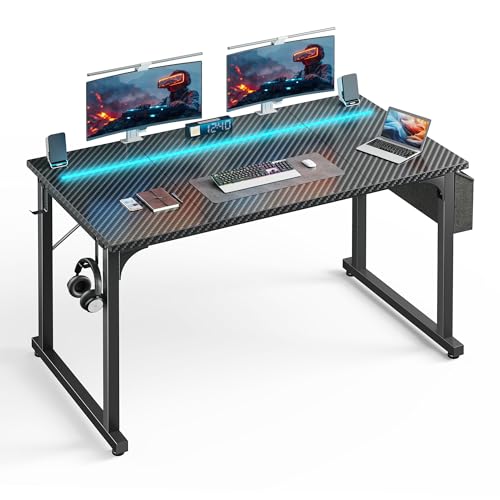 Image of DurayLoly 48 inch Gaming Desk with Waterproof LED Lights, Carbon Fiber Desktop for Small Spaces | Home Office Study Computer Desk with Storage Bag & Headphone Hook, Black