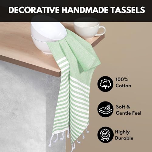 Image of Turkish Kitchen Towels 18x26 Inches with Tassels - 4 Pack - Absorbent, Durable, Soft 100% Cotton Dish Towels for Drying & Cleaning - Machine Washable, Quick Dry - Apple Green