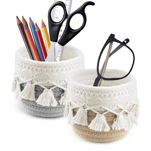 Realand Lot de 2 supports de lunettes anti-rayures pour table de nuit, décoration bohème, organiseur de bureau pour lunettes de soleil, maquillage, pinceaux, crayons, kaki + gris