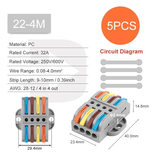 Bloque de terminales de cableado compacto universal para empalmes rápidos, 22G-4M 2