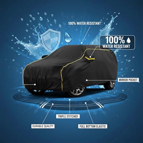 Image of Sulfar 100% Water Resistant Car Body Cover Compatible with Mirror for BMW 2 Series (Triple Stitched, Full Bottom Elastic, Black Taffeta with Yellow Piping)
