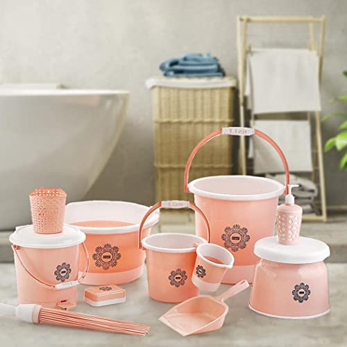 Image of Liza Falcon Jumbo Plastic Deluxe Bathroom Set Bucket Mug Comfortable Stool (Set of 11, Brown)