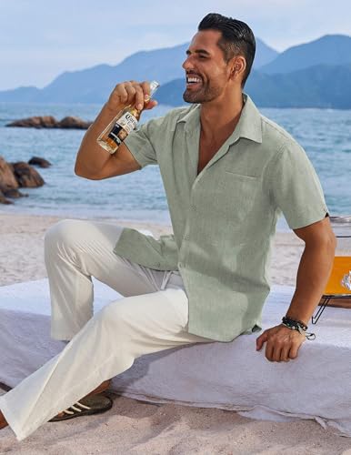 Image of COOFANDY Men's Button Down Shirts Short Sleeve Casual Shirts Summer Beach Linen Shirts with Pocket