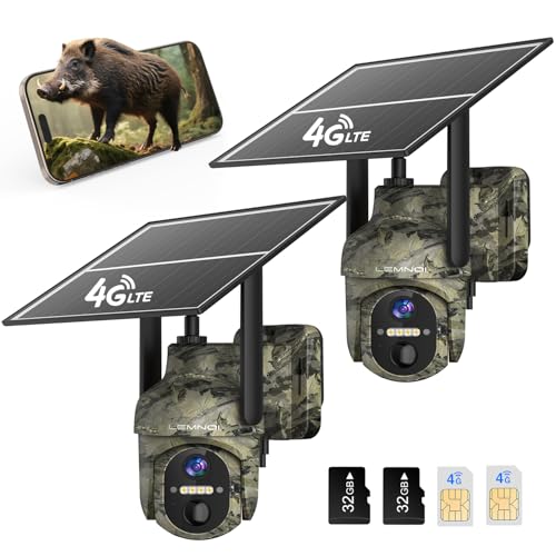 LEMNOI 4G Caméra de Chasse Solaire Extérieure avec Carte SIM Intégré, Caméra Surveillance avec Détection de Mouvement, 2K Vision Nocturne, 360° Rotation, Audio Bidirectionnel, Etanche IP66 (2 Unités)