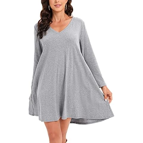 Aox Women V-Neck Cotton Loose T-Shirt Dress Long Sleeve Nightdress Sleepwear (18, Light Grey 2368) Cover