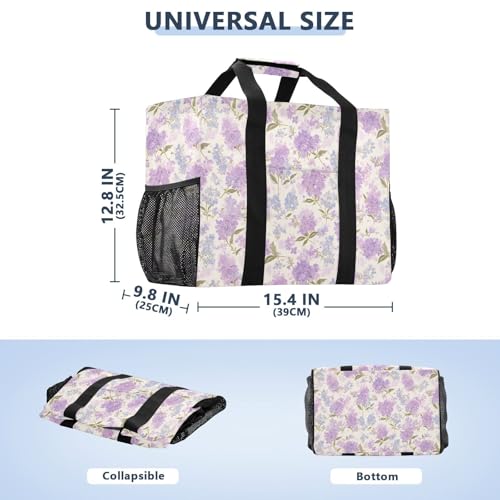 linqin Purple Blue Lilac Flowers Utility Bag for Trunk with Handles Foldable Shopping Bags for Groceries with Pockets for Beach3