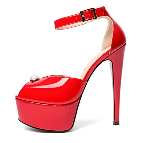 WAYDERNS Womens Platform Wedding Patent Dress Peep Toe Ankle Strap Buckle Stiletto High Heel Pumps Shoes 6 Inch2
