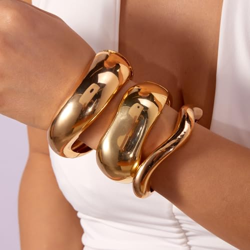 RINHOO Trendy Gold Chunky Bangle Bracelets for Women - Stackable Hinged Cuff Jewelry Sets (1-3pcs) - Image 3