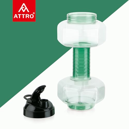 Image of Attro Dumbbell Water Bottle 2 Liter Plastic Bottle with Grip Handle Stylish Bottle for Gym Lover BPA Free, Food Grade, Leakproof- Green