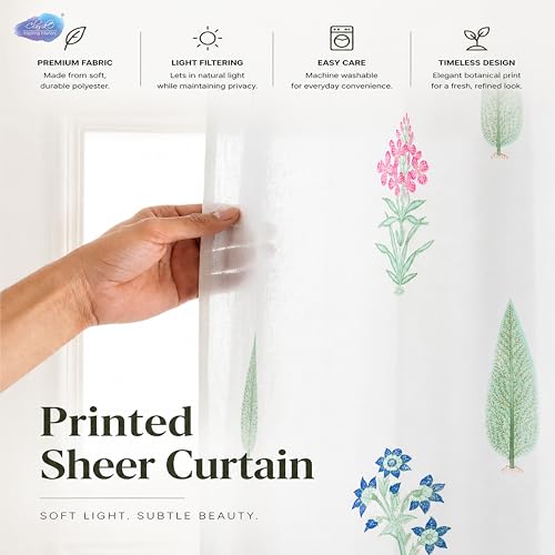 Image of Clasiko Block Print Sheer Door Curtains; 40% Light Filtering Linen Textured Curtains with Eyelets; Set of 2; 54x60 Inches / 5 Feet; Tropical Oasis