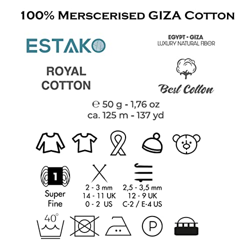 Image of Estako Royal Cotton, (4 Skeins Pack) 100% Mercerized Giza Cotton Yarn, Soft, Super Fino for Crochet and Knitting (4 x 1.76 Oz) / (4 x 137 Yrds) (5088)