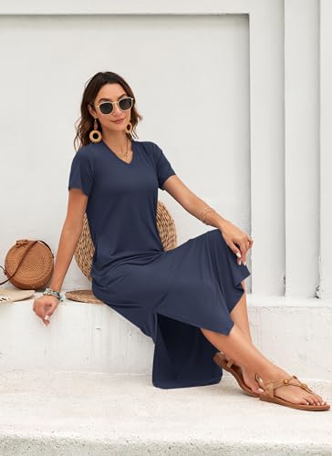 Image of MISFAY Womens Maxi Dress Short Sleeve V Neck Loose with Pockets | Soft stretchy breathable, v neck loose fit, side split hem, two side pockets, casual daily beach vacation travel dress