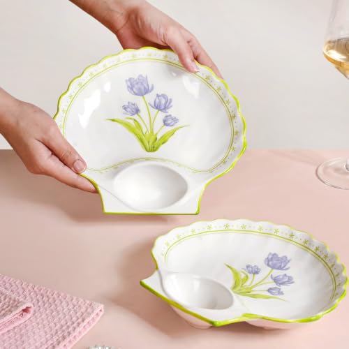 Image of Nestasia Ceramic Snack Plates Set of 2 - Serving Plate with Dip Section for Chutney or Sauce | Microwave & Dishwasher Safe Shell Shaped Design with Floral Print - Perfect for Fries, Momos, Kebab