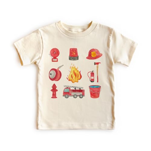 Firefighter Equipment Little Things In A Row Shirt For Kids - Cute Fireman Fire Department Truck T-Shirt - Natural Toddler & Youth Boys Graphic Tee