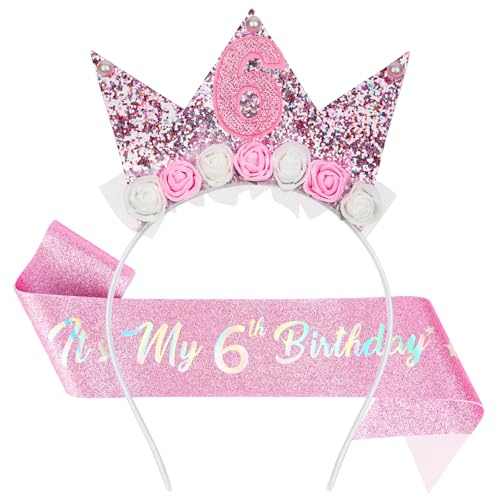 AOOTE Corona de cumpleaños para niñas de 6 años,Diadema de Cumpleaños para niña y Banda de Purpurina,Diadema de Cumpleaños Corona con Flores Rosas y Purpurina,Regalo para Cumpleaños Niñas