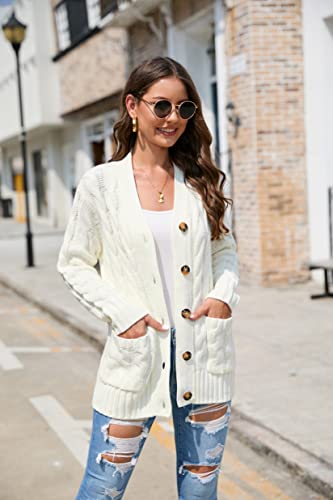 Image of MISSKY Casual Cable Knit Sweater Cardigan for Women Loose Long Sleeve Open Front Button Outwear with Pockets Beige L