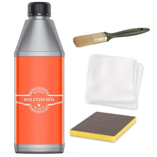 Holztisch Öl 0,5L Set mit Schleifmatte, Putzvliestuch & Pinsel - Arbeitsplattenöl, Möbelöl, Holzöl biologisch & lösemittelfrei, einfache Anwendung, wasser- & schmutzabweisend - BEKATEQ LS-240