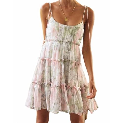 AELSON Sundresses for Women 2025 Floral Summer Dress Boho Flowy Cute Dresses Spaghetti Strap Sleeveless Ruffle Mini Dress Small 6-pink Green