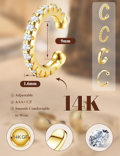 Ear Cuff Set für Damen Ohne Piercing - 4 Paar 14K Goldbeschichtete Ohrklemmen Fake Helix Nicht Verblassend Knorpel Ohrringe für Ungepiercte,Verstellbare Ohrmanschetten in Geschenkbox Gold-Klassik