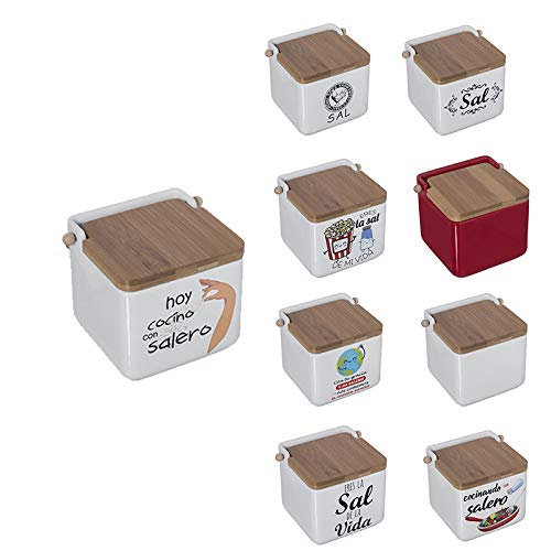 TIENDA EURASIA® Saleros de Cocina con Tapa Originales - Cerámica con Tapa de Bambú - 12x12x12cm (Hoy COCINO con SALERO)