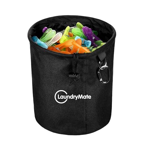 Laundry Mate Peg Bag With Closure Drawstring & Hanging Hook - Extra Large Weather Resistant Laundry Clothes Peg Storage - Hanging Clothesline Peg Bag (Black)