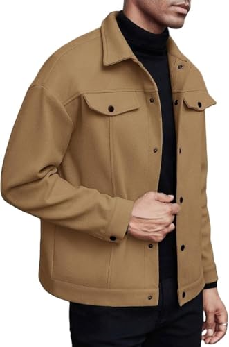 Men's Lapel Woolen Blend Business Jacket Fashion Leisure Sports Coat Trendy Casual Button Up Long Sleeve Jackets