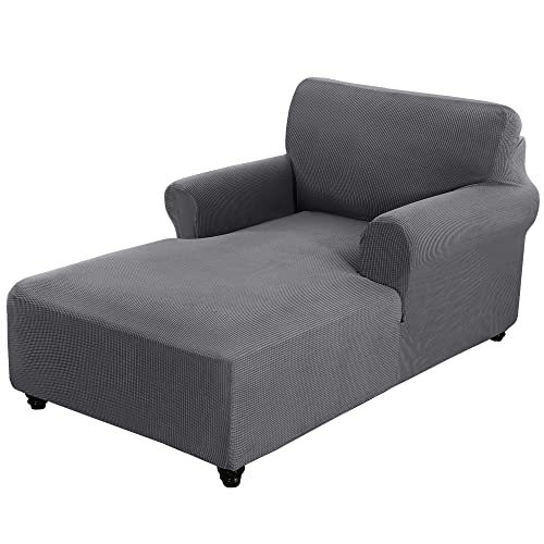 Gray Fitted Chaise Lounge Couch Cover - Double Arm, Stretch Slipcover, Washable Furniture Protector with Small Checks