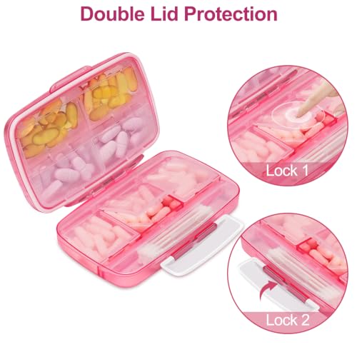 Image of Fullicon Medicine Pill Organizer with Labels, 8 Large Compartments, Travel Pill Organizer for Purse, Double Lids, Easy Open BPA-Free Case, Fish Oil, Vitamins, Capsules, Daily, Work Bag (Pink White)