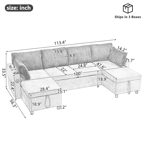 Image of ERYE 113-Inch Pull Out Sleeper Couch Bed with Cupholders, U Shaped Sleeper Sectional Sofa Convertible Sofa Bed for Living Room