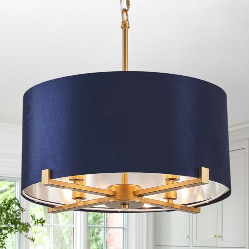 CATINER Drum Chandelier,18” Blue and Gold Round Ceiling Pendant Light Fixture Velvet Fabric Shade 4 Lights Modern Semi Flush Mount Hanging Chandelier for Dining Room Foyer Hallway