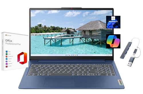 Image of Lenovo IdeaPad Slim 3 15.6 inch FHD Laptop, with Free Lifetime Microsoft Office, AMD Ryzen 5 40, 8GB RAM, 512GB SSD, AMD Radeon 610M, Windows 11 Pro, Abyss Blue, WiFi 6, Copilot, with USB Hub