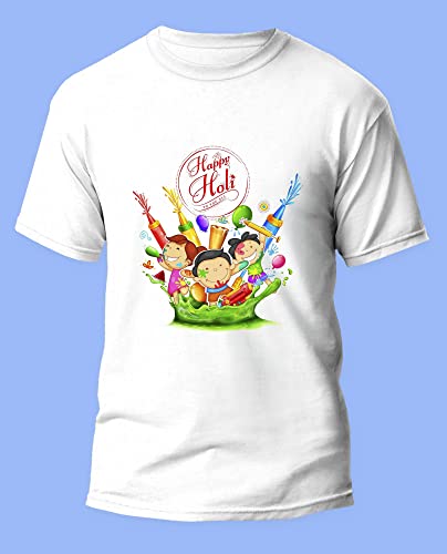 Image of Knitted Polycotton Fabric Regular Fit Men Boys Half Sleeve T-Shirt for Festival of Holi Style 16 White Size : Free
