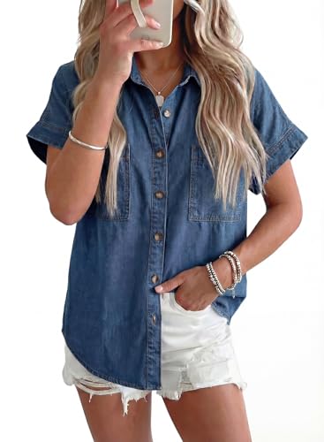 Sidefeel Womens Button Down Denim Shirt Collared Short Sleeve Jean Shirt Blouse with Pockets Light Blue X-Large