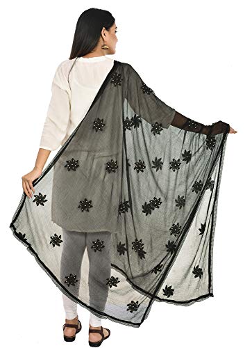 Image of YOUTHQUAKE Flower Embroidered Diamond Work Chiffon Dupatta for Womens & Girls With 4 Side Lace