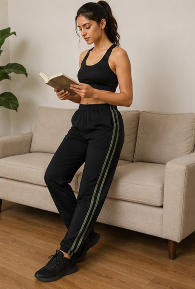 Image of London Hills Women's Regular Fit Mid Rise Cotton Blend Joggers Track Pants Striped Track Pants
