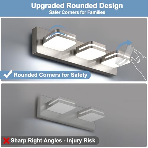 Image of Torondo 360 Rotate LED Bathroom Vanity Light Fixtures, Acrylic Vanity Lights for Bathroom, Modern Wall Lighting Fixtures Over Mirror Living, Brushed Nickel, Natural White, 3-Light, 17-Inch