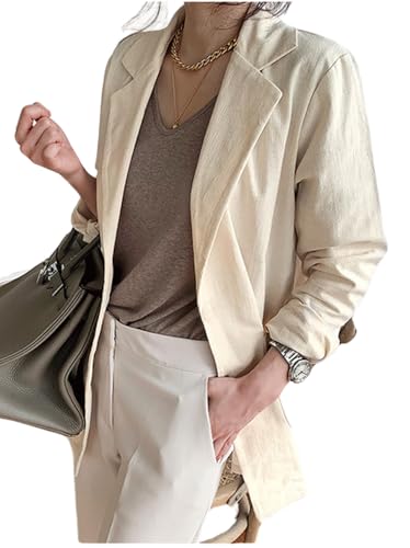 CHARTOU Women Long Sleeve Cotton Linen Blazer Tops Lapel Button Casual Business Outfits with Pockets