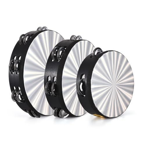 3 Pack Tambourine for Adults, 6/8 / 10 inch Metal Jingles Hand Held Percussion Tambourine Pleasant Jingle Sound Bell Rings for Home, School, KTV, Party