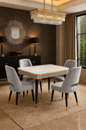 Image of WOODEN SPACE 4 Seater Wooden Dining Table Set | Urban Marble Top Dining Table with Chairs for Dining Room & Kitchen (Modern Vintage Light Grey) (54 x 36 x 30 inch)