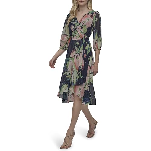 Image of DKNY Women's Chiffon Balloon Sleeve Faux Wrap Midi Dress with High-Low Hem