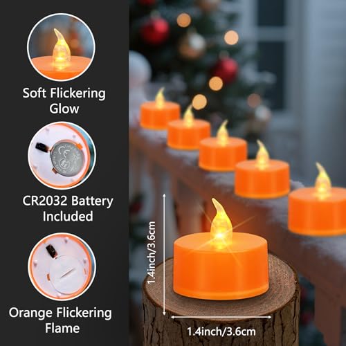 Image of Tea Lights Battery Operated Candles LED Tea Lights Flameless Candles 200+ Hours Flickering Fake Tealights for Sweetest Day Wedding Home Decorations Party (Orange Base, 24 Pack)