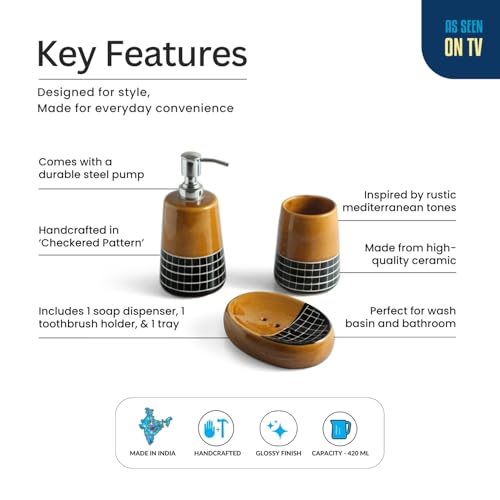 Image of ExclusiveLane 'Sun Checkered' Ceramic Soap Dispenser Set for Bathroom Wash Basin Bathroom Accessories Set of 3 (Liquid Soap Dispenser, Toothbrush Holder, Soap Tray Holder, Hand-Carved)